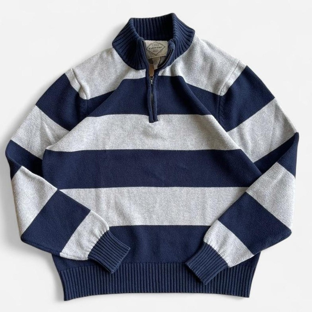 Navy Blue & Grey Striped Quarter Zip Mockneck Cotton Knit Sweater St. John’s Bay